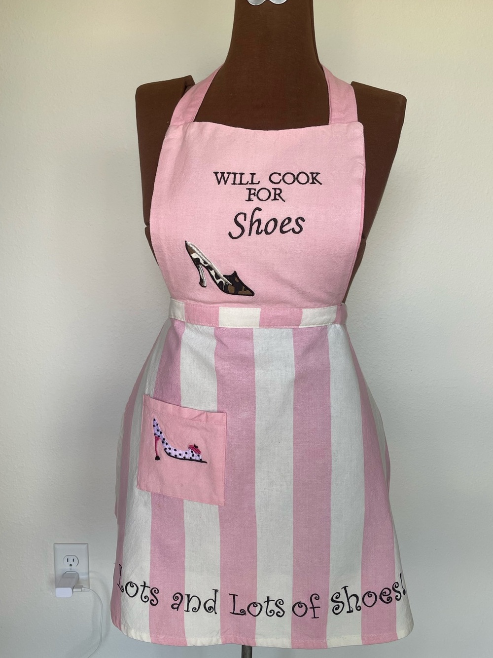 Light Pink 'Will Cook For Shoes' Cotton Apron with Shoe Motif